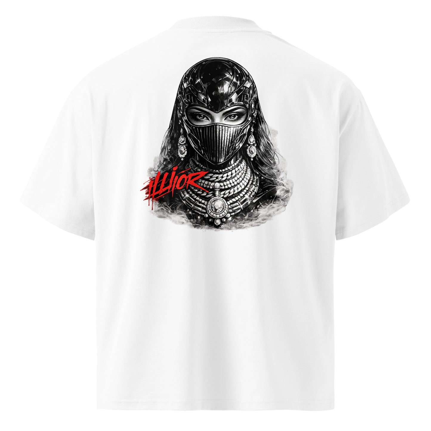 Cyber luxury feminine portrait graphic with red ILLIOR graffiti text for oversized women streetwear fashion