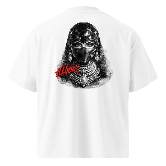 Cyber luxury feminine portrait graphic with red ILLIOR graffiti text for oversized women streetwear fashion