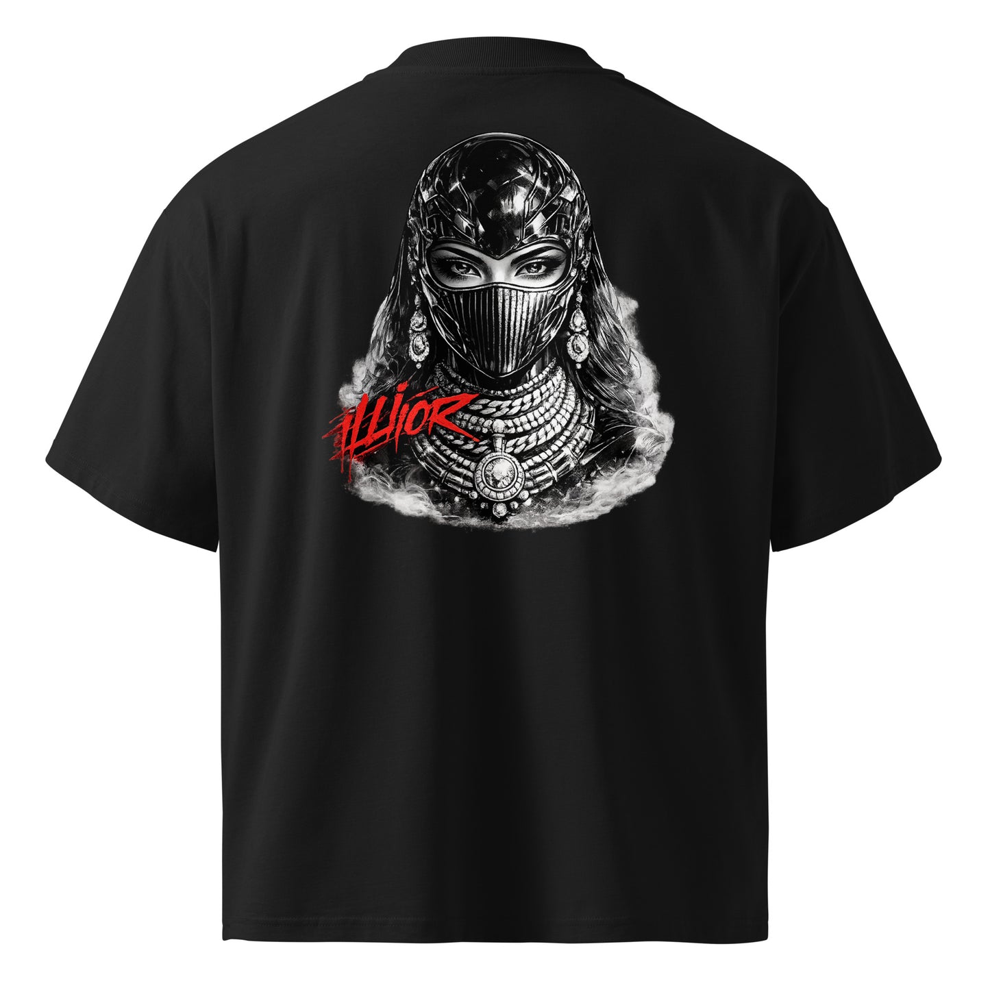 Cyber luxury feminine portrait graphic with red ILLIOR graffiti text for oversized women streetwear fashion