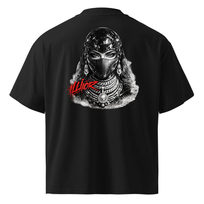 Cyber luxury feminine portrait graphic with red ILLIOR graffiti text for oversized women streetwear fashion