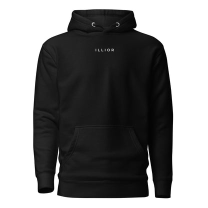 Cyber luxury women oversized hoodie with futuristic monochrome graphic and red ILLIOR graffiti text