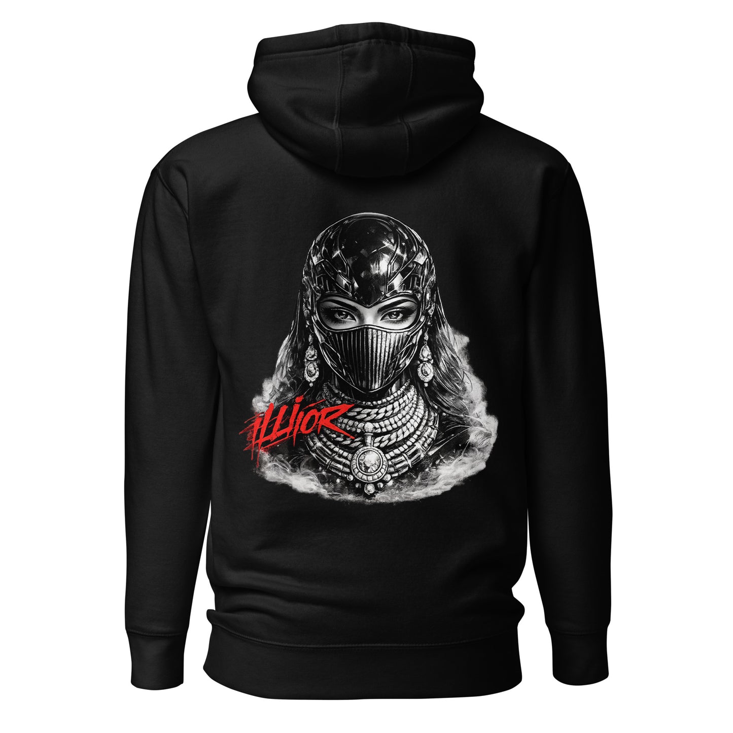 Cyber luxury women oversized hoodie with futuristic monochrome graphic and red ILLIOR graffiti text