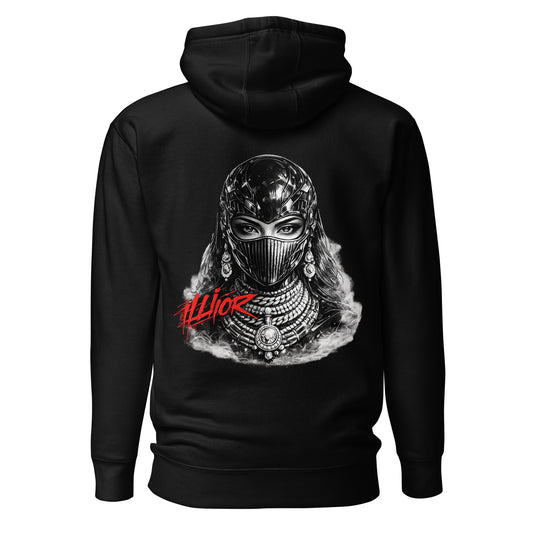 Cyber luxury women oversized hoodie with futuristic monochrome graphic and red ILLIOR graffiti text