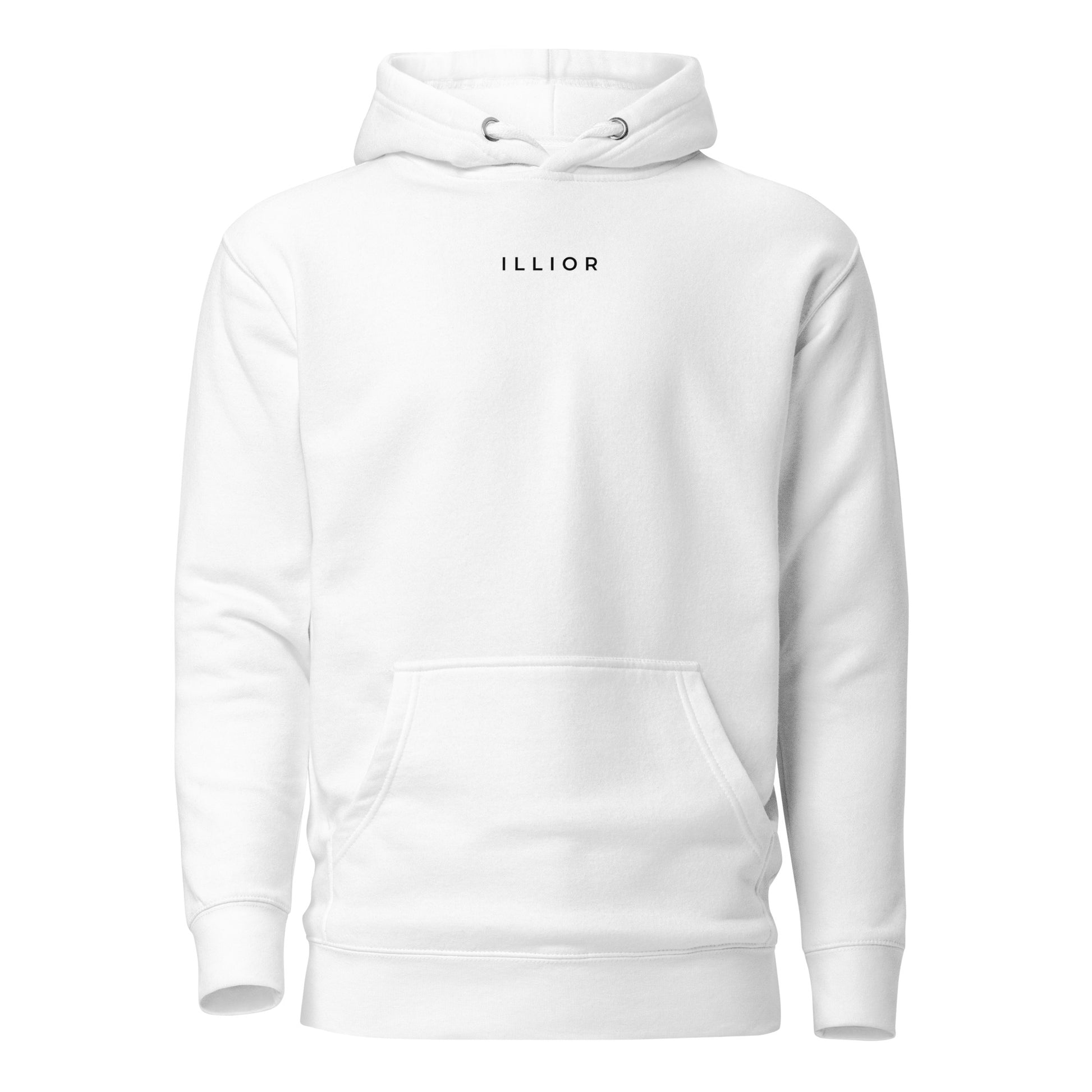Cyber luxury women oversized hoodie with futuristic monochrome graphic and red ILLIOR graffiti text