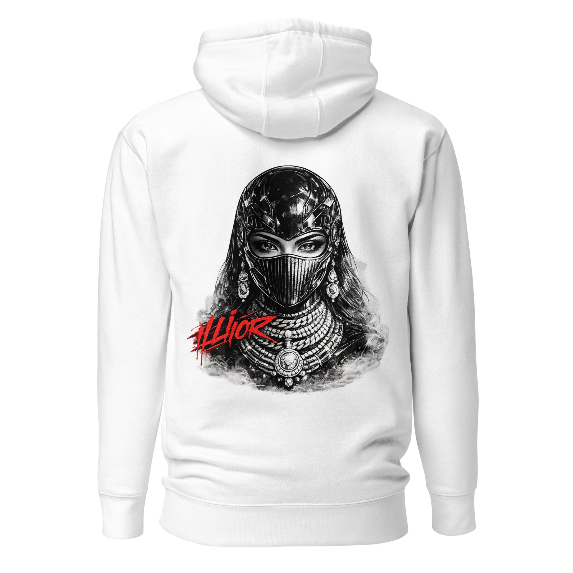 Cyber luxury women oversized hoodie with futuristic monochrome graphic and red ILLIOR graffiti text