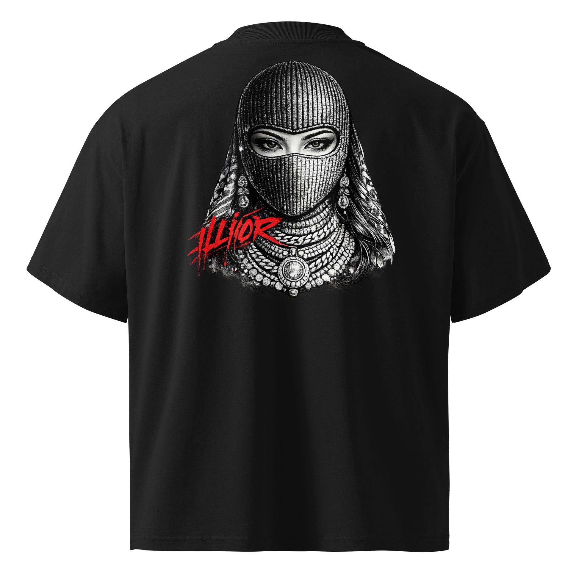 Japanese female balaclava portrait graphic with red graffiti ILLIOR typography for women streetwear fashion