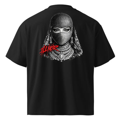 Japanese female balaclava portrait graphic with red graffiti ILLIOR typography for women streetwear fashion