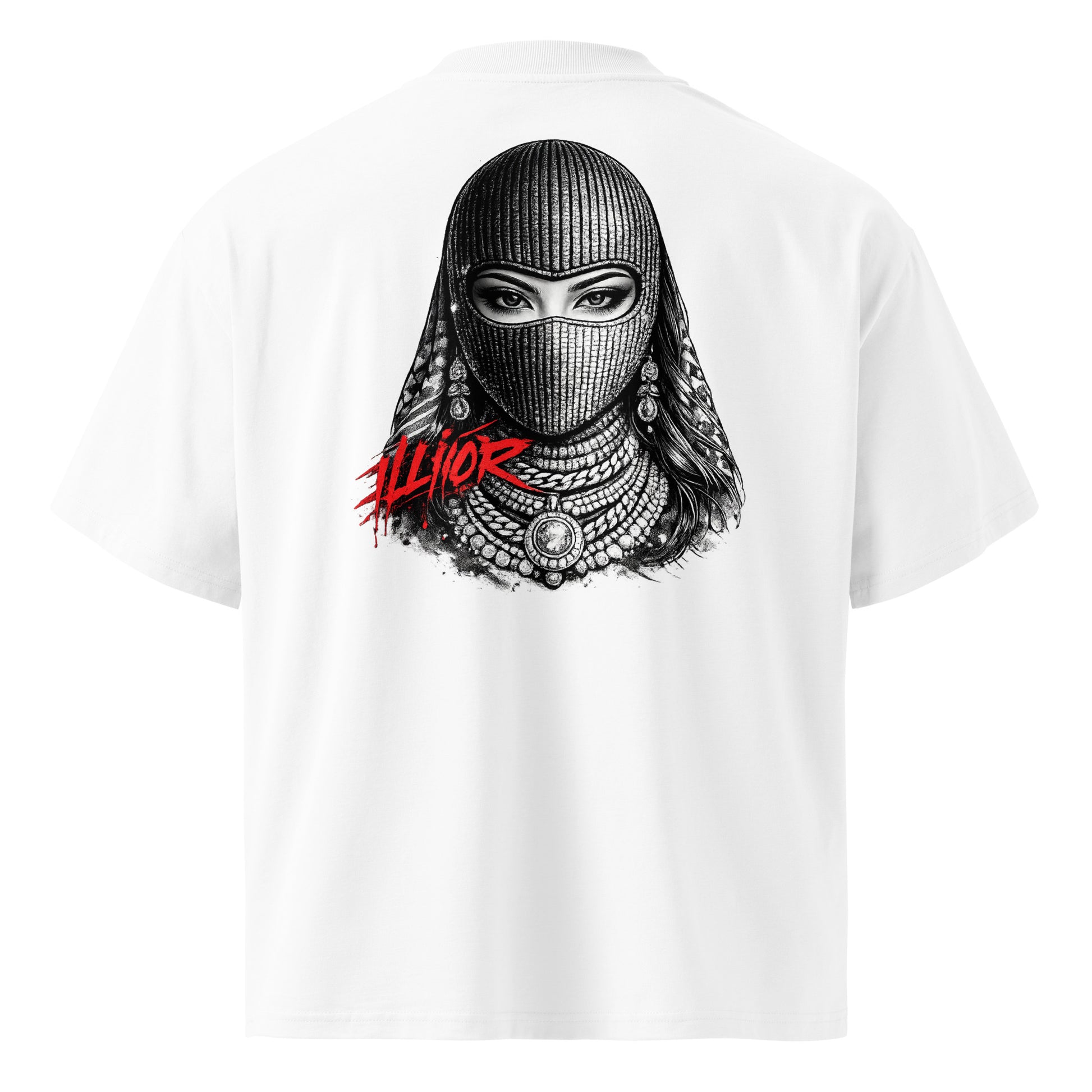 Japanese female balaclava portrait graphic with red graffiti ILLIOR typography for women streetwear fashion
