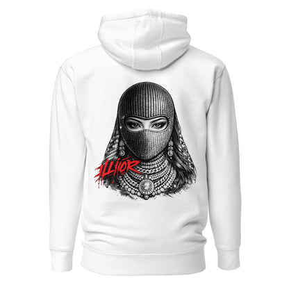 Oversized hoodie with japanese female balaclava illustration and red ILLIOR graffiti logo