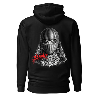 Oversized hoodie with japanese female balaclava illustration and red ILLIOR graffiti logo