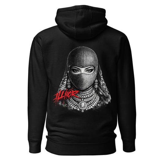 Oversized hoodie with japanese female balaclava illustration and red ILLIOR graffiti logo